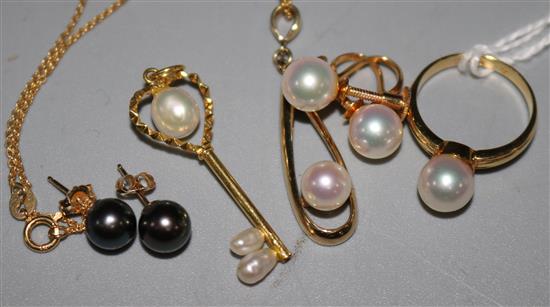 A 14ct gold and cultured pearl ring, a similar openwork pendant, two pairs of cultured pearl earrings and a key pendant.